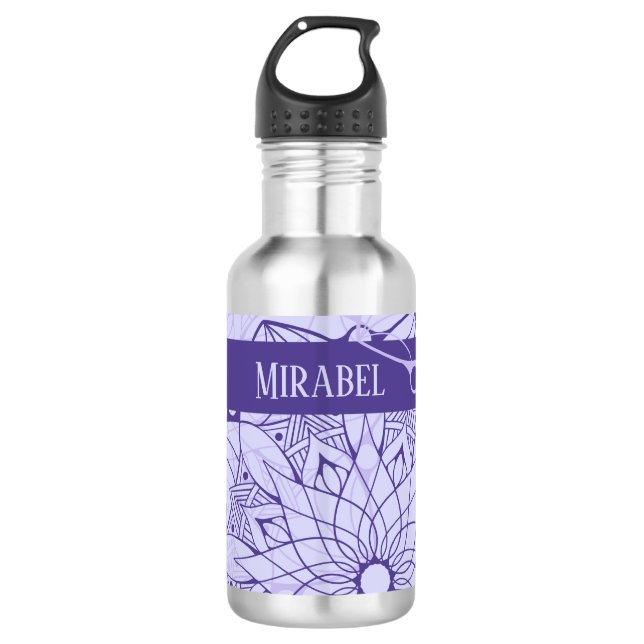 Botella de agua monocroma morada Mandala personali (Anverso)