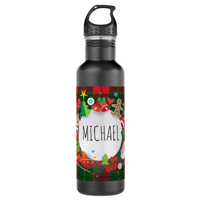 Botella De Agua Monogram Winter Holiday Christmas Scottish Pattern (Anverso)