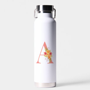 Botella De Agua Monograma A elegante de flor rosa y Naranja