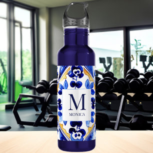 Botella De Agua Monograma Amalfi Vietri Regalos de azulejos azules