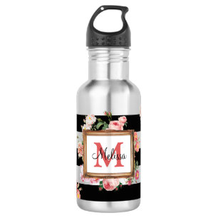 Botella De Agua Monograma Antiguo Floral y Rayas Vintage