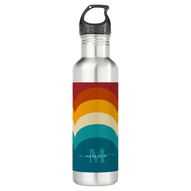 Botella De Agua Monograma arcoiris Nombre personalizado Retro Traz (Anverso)