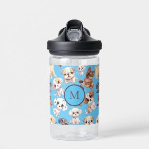 Botella De Agua Monograma azul de perro de cachorro suave