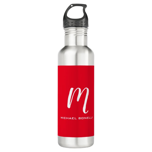 Botella De Agua Monograma blanco rojo elegante caligrafía su nombr (Anverso)