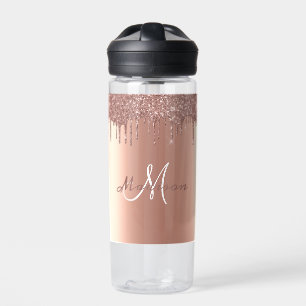 Botella De Agua Monograma Brillo Rosa Dorado Goteos Femenino Brill
