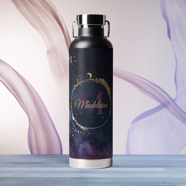 Botella De Agua Monograma Celestial Galaxia Azul Galaxia Cielo Pla (elestial galaxy personalized midnight blue space water bottle custom name gift)
