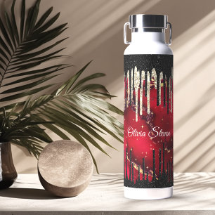 Botella De Agua Monograma chic de rojo negro con brillo goteante