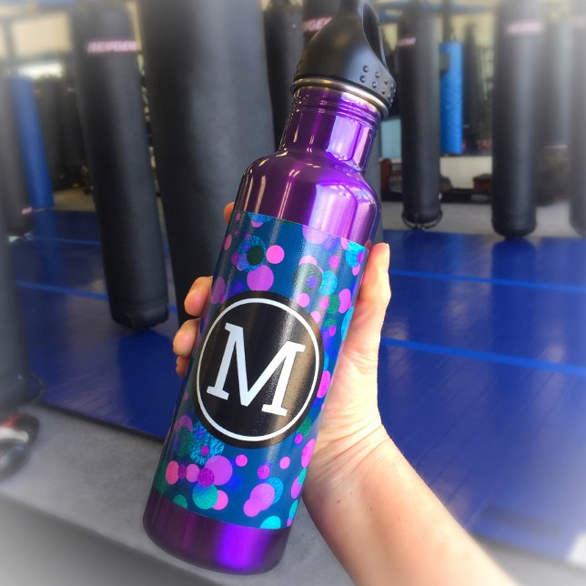 Botella De Agua Monograma confetti azul turquesa morado verde azul (Subido por el creador)
