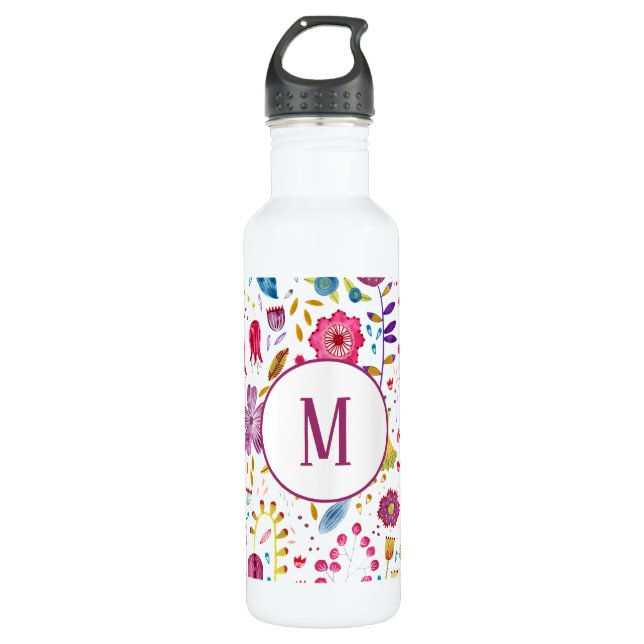 Botella De Agua Monograma de acuarela floral moderna (Anverso)