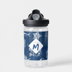 Botella De Agua Monograma de animales marinos del océano azul de l