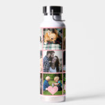 Botella De Agua Monograma de collage de fotografías color negro mo<br><div class="desc">Añade 9 fotos familiares, niños, mascotas o mejores amigos y crea tu propia botella de agua de la cuadrícula de collage con tu nombre de monograma inicial dentro de un corazón rosa claro. Fácil de personalizar con las imágenes cuadradas y la letra de su personalizado. Puede ser un buen regalo...</div>