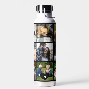 Botella De Agua Monograma de collage de fotos negro personalizado