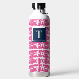 Botella De Agua Monograma de Cuadrícula Cuadrada Preppy Rosa Calie