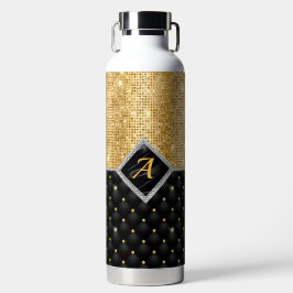 Botella De Agua Monograma de diamante negro de color Crystal Gold