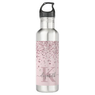 Botella De Agua Monograma de diamantes de Purpurina de oro rosa de