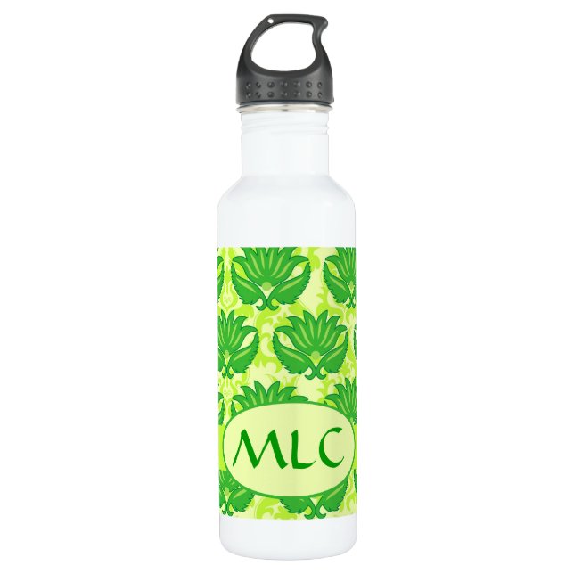 Botella De Agua Monograma de Emerald Lime Green Art Nouveau Damask (Anverso)