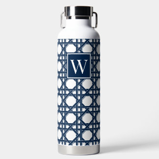 Botella De Agua Monograma de encaje de rattán azul marino elegante