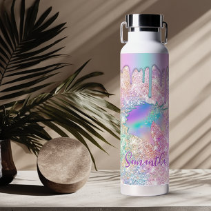 Botella De Agua Monograma de estrellas de purpurina de unicornio a