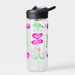Botella De Agua monograma de flor rosa agregar nombre letra hoja v