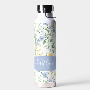 Botella De Agua Monograma de Flor Silvestre Acuarela Azul