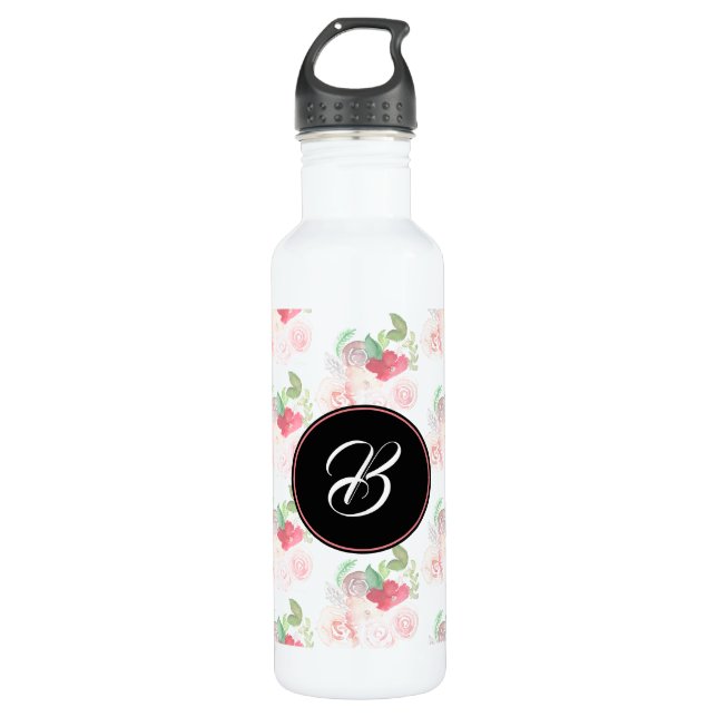 Botella De Agua Monograma de floral rosa de verano con acuarela de (Anverso)