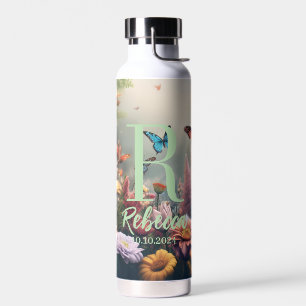 Botella De Agua Monograma de flores silvestres acuáticas con nombr
