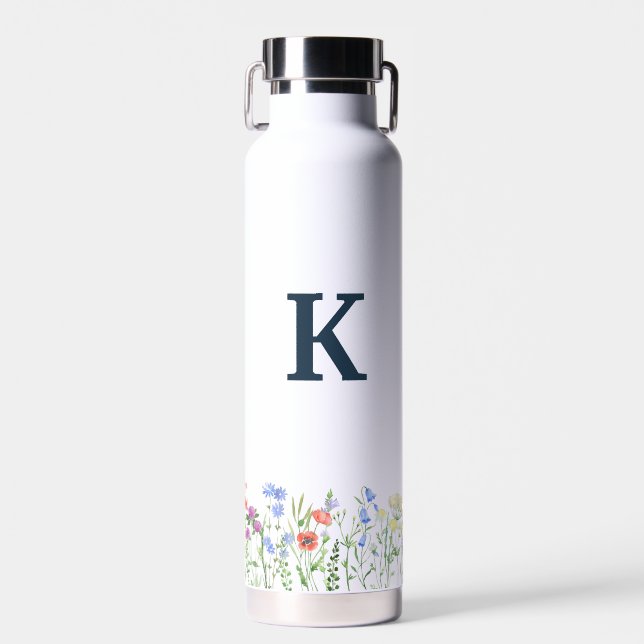 Botella De Agua Monograma de flores silvestres en acuarela (Delantero)