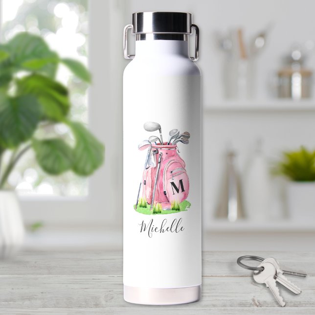 Botella De Agua Monograma de Golf Rosa Sonrojado (Blush Pink Golf Monogram Water Bottle)