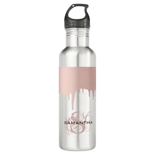 Botella De Agua Monograma de goteo metálico de oro rosado Rosa de  (Anverso)