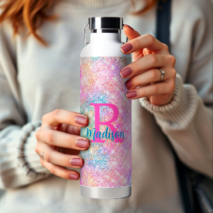 Botella De Agua Monograma de imitación rosa de iridiscino blanco u
