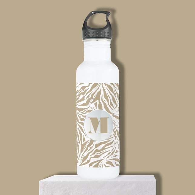 Botella De Agua Monograma de impresión de cebra beige de moda (Chic beige zebra print monogram white stainless steel water bottle)