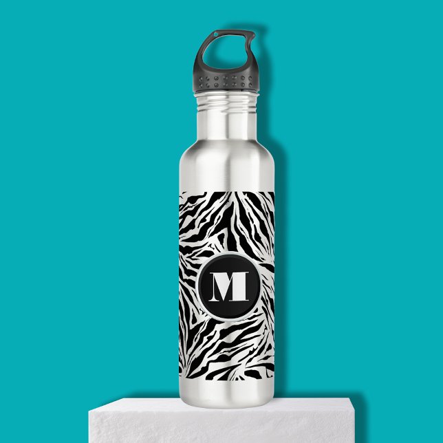 Botella De Agua Monograma de impresión de cebra de moda (Chic zebra print monogram on a stainless steel water bottle)