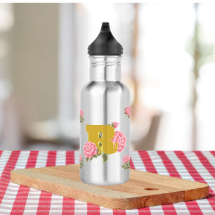Botella De Agua Monograma de Letra Inicial Rosa Floral Nombre Pare