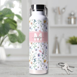 Botella De Agua Monograma de letra script botánico boho femenino
