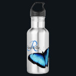 Botella De Agua Monograma de mariposa azul<br><div class="desc">Esta bonita botella de agua,  de diseño con una sorprendente mariposa azul,  con nombre y nombre inicial,  haría el regalo perfecto para los almuerzos escolares,  ¡también está disponible la caja de almuerzo!</div>