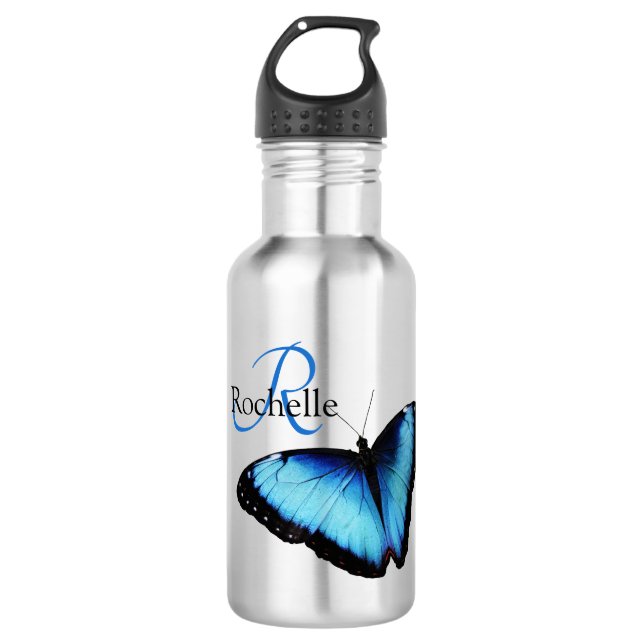 Botella De Agua Monograma de mariposa azul (Anverso)