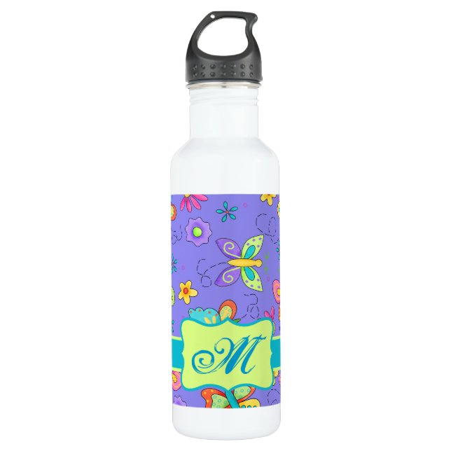 Botella De Agua Monograma de mariposa de lavanda blanca moderna (Anverso)