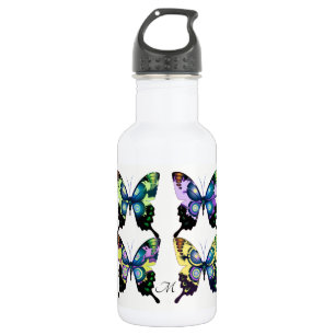 Botella De Agua Monograma de mariposas retro moderno multicolor