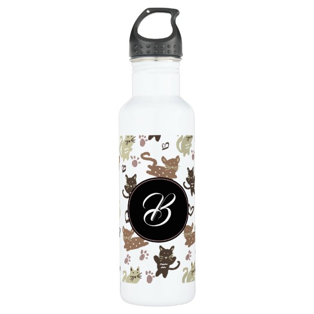 Botella De Agua Monograma de Mascota beige de gato marrón (Anverso)