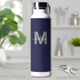 Botella De Agua Monograma de nombre azul marino