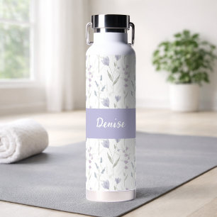 Botella De Agua Monograma de nombre con acuarela de flor silvestre