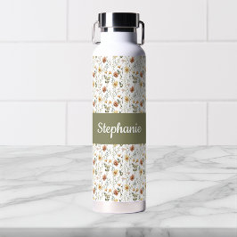 Botella De Agua Monograma de nombre de acuarela de flor silvestre 