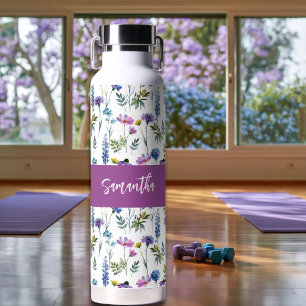 Botella De Agua Monograma de nombre de acuarela de flor silvestre