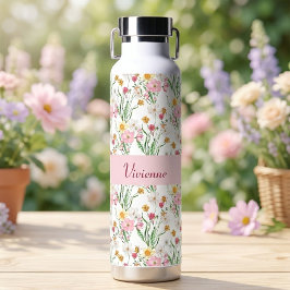 Botella De Agua Monograma de nombre de acuarela de flor silvestre 