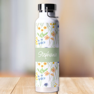 Botella De Agua Monograma de nombre de flor silvestre acuarela nar