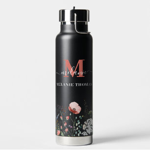 Botella De Agua Monograma de nombre personalizado Black Wildflower