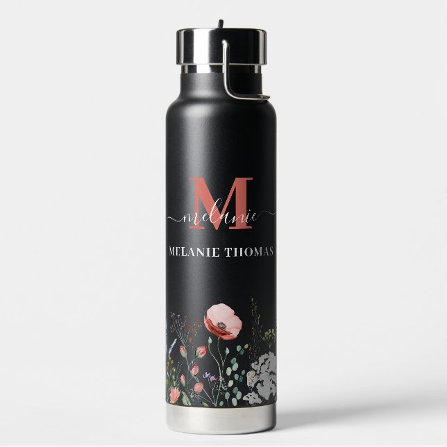 Botella De Agua Monograma de nombre personalizado Black Wildflower (Izquierda)