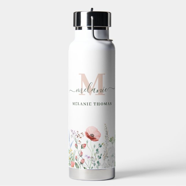 Botella De Agua Monograma de nombre personalizado Boho Wildflowers (Izquierda)