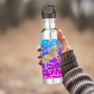 Botella De Agua Monograma de oro de arcoiris Purpurina rosa unicor
