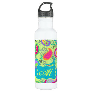 Botella De Agua Monograma de paisley moderno de color turquesa ver